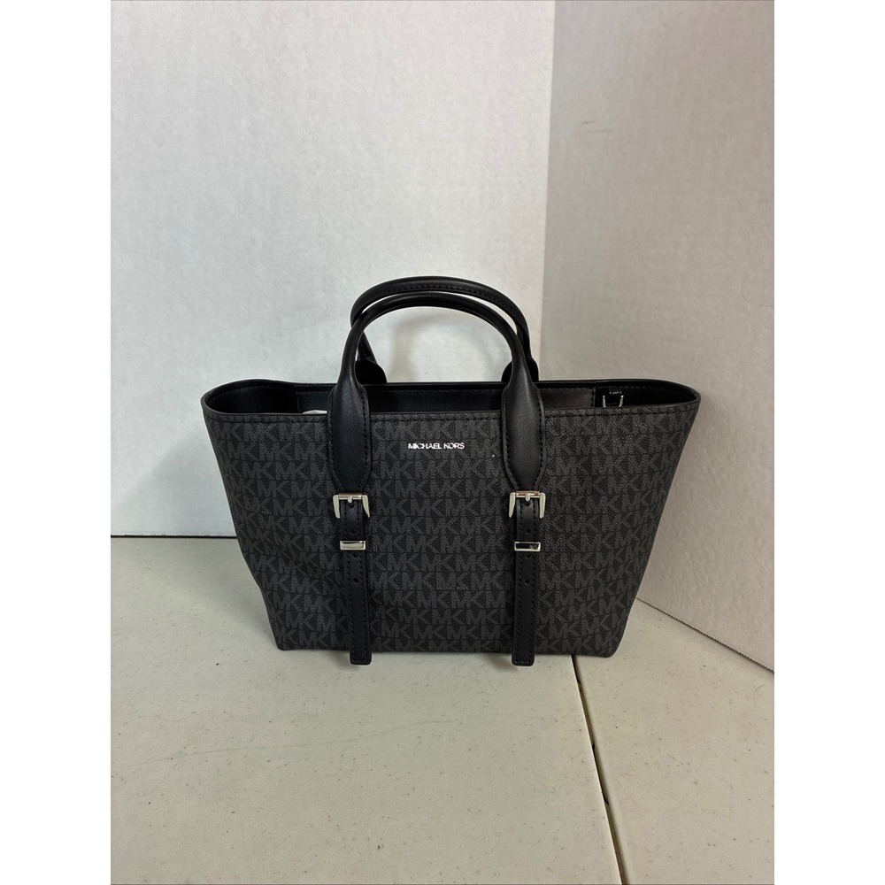 Michael Kors Moore Small Satchel Black‎ Signature Logo Canvas Handbag NEW